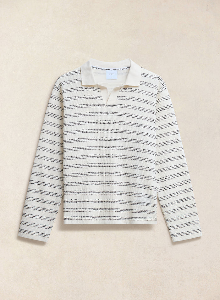 The Percival Laurent Long Sleeve Polo in cream stripe, a textured cotton-blend knit shown in a flat lay.