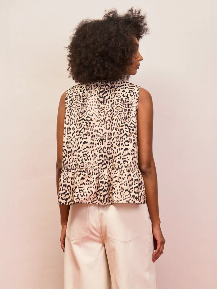 Neutral leopard print sleeveless cotton peplum top with feminine ruffle hem
