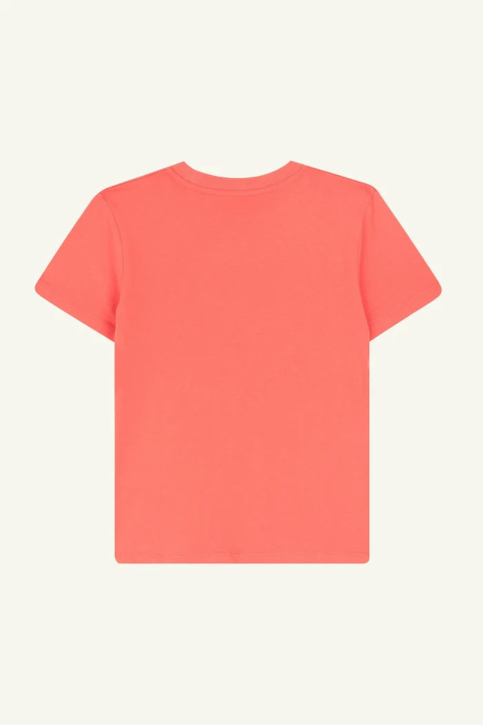 Contrast kids t-shirt in Fiesta Orange, organic cotton Lisbon Surfboard playful design