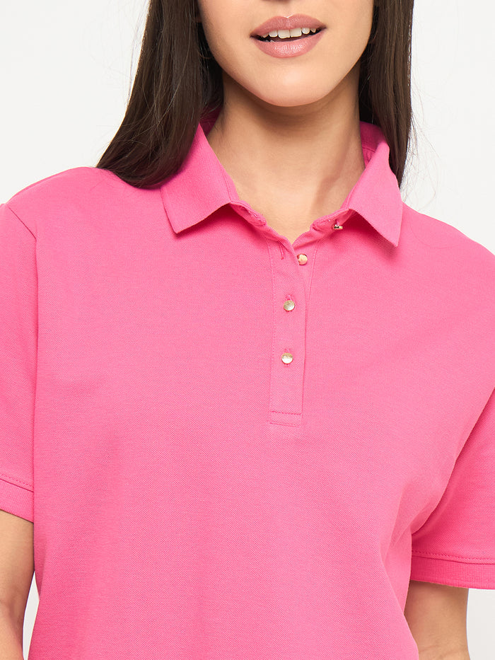 Madame Cotton Blend Solid Pink Polo T-shirt