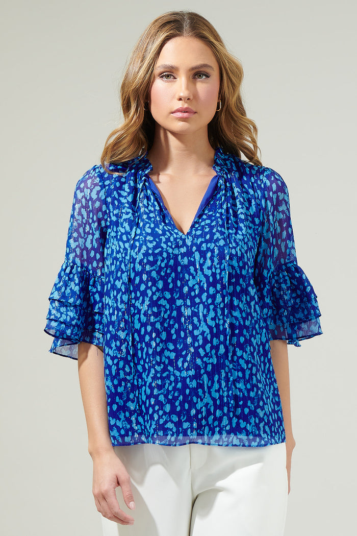 Madeira Abstract Break Room Split Neck Ruffle Blouse