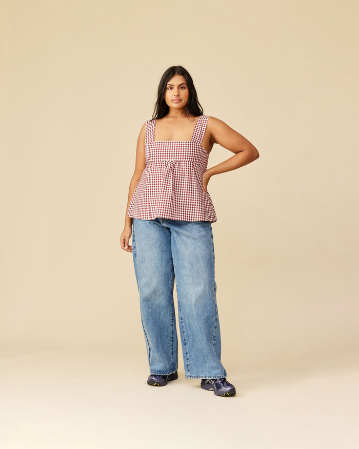 MARGIE TIE-BACK TOP MERLOT GINGHAM