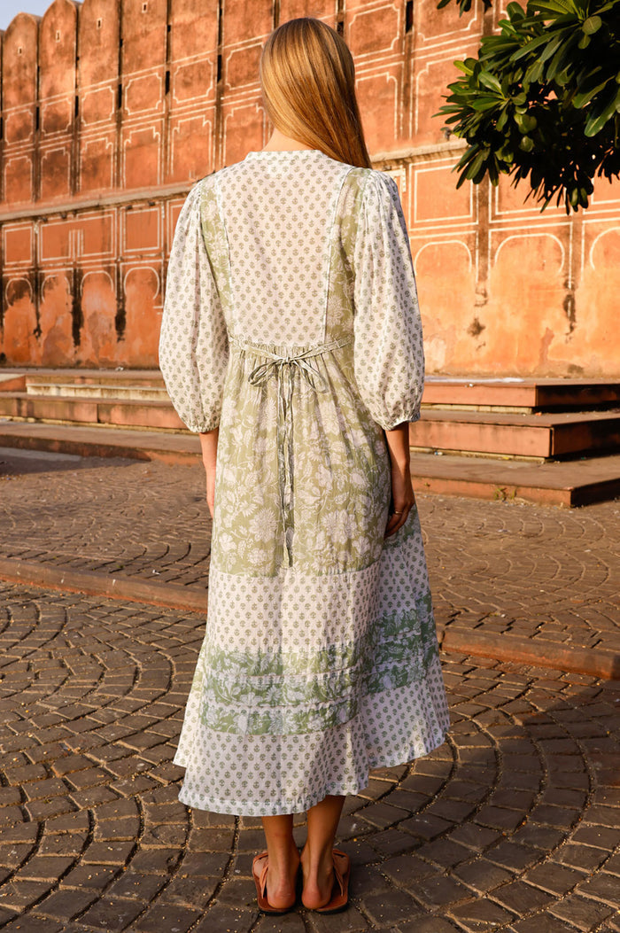 Martha Organic Cotton Print Mix Dress | Sage/White