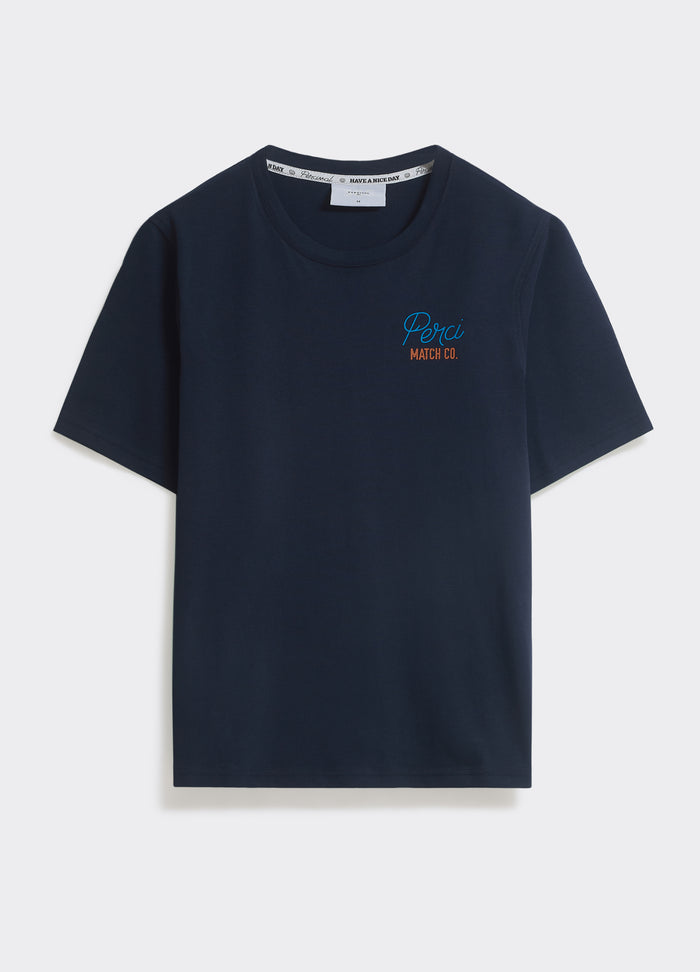 The navy Percival Match T-shirt in breathable jersey with a chest logo, shown flat against a grey background.