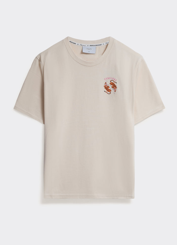 Off white Percival Matchbox T Shirt in cotton jersey, featuring a small tiger graphic on the chest, shown flat.