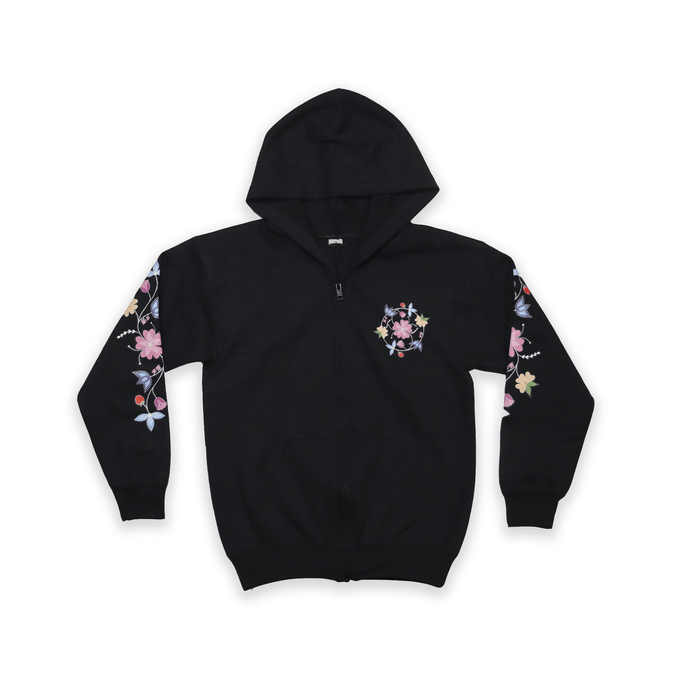 Black McPhee Floral Youth Zip-Up Hoodie with Indigenous floral artwork back view