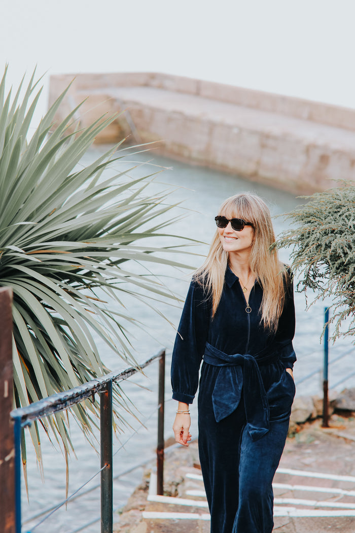 "Mitty" Wide Leg Jumpsuit - Stretch Cotton Velvet | Navy