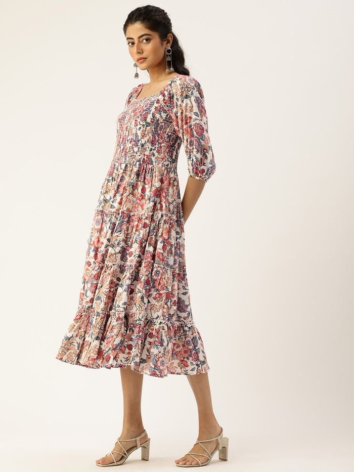 Woman wearing a floral dress on a white background, Multi Floral Printed Cuffed Sleeves Dress, midi dress, dress, women’s western wear, party wear dress, casual wear dress