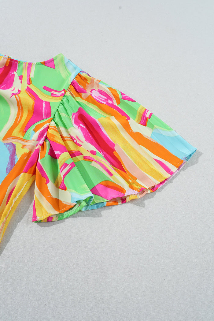 Multicolour Abstract Print Keyhole Back Pleated Half Sleeve Blouse - Tops/Tops & Tees