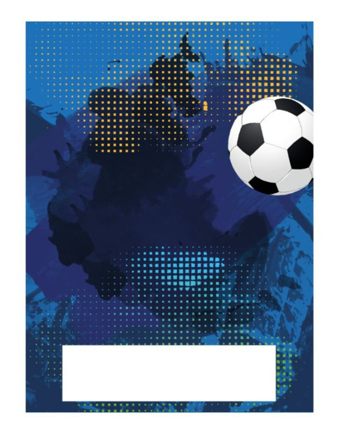 Proud Moments soccer notebook cover with black white ball pattern on blue