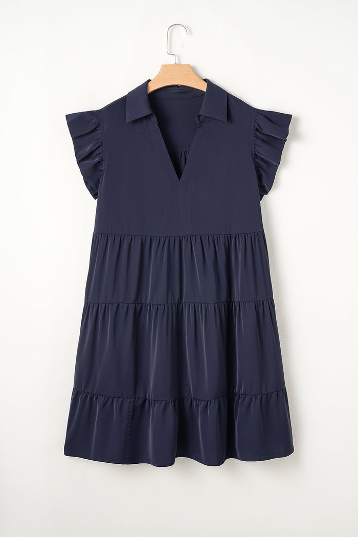 Navy Blue Collared V Neck Flutter Sleeve Tiered Plus Size Dress - Size/Plus Dresses/Plus Mini Dresses