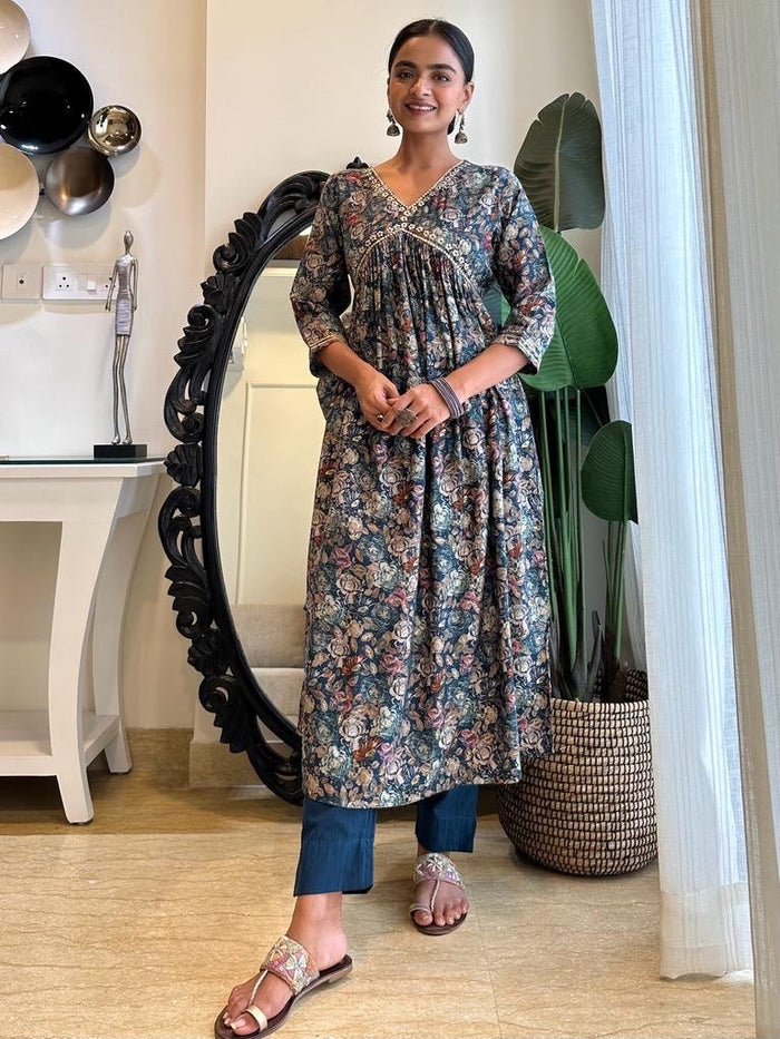 Navy Floral Muslin Alia Set