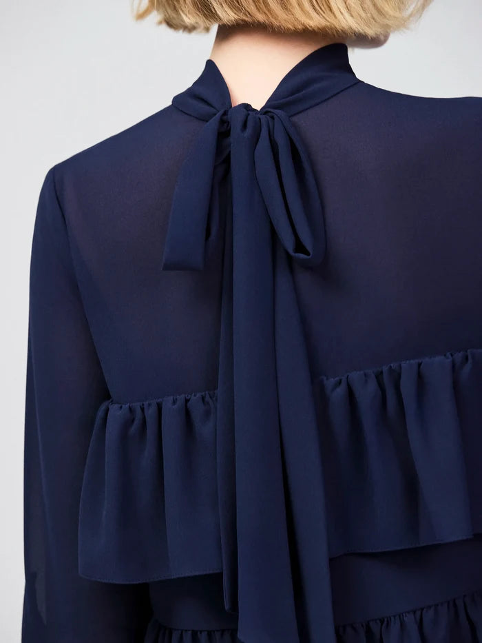 Navy Frill Detail Chiffon Blouse