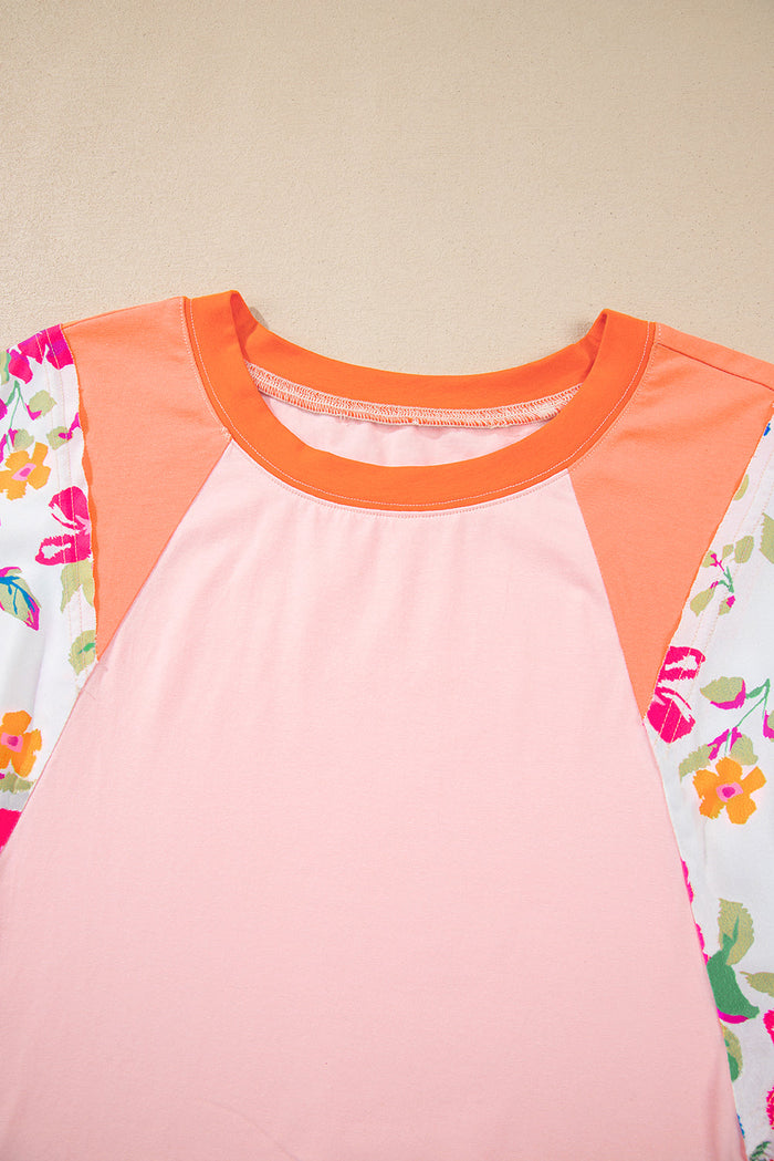 Orange Plus Size Floral Print Patchwork Raglan Half Sleeve Top - Size/Plus Tops/Plus Tops & Tees