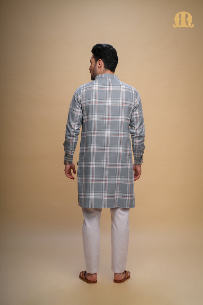 Oxen Checks Kurta Grey Set Men