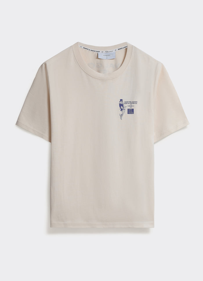 The Percival Oyster T-shirt in off white, a soft jersey crew neck featuring a blue chest print, shown flat.