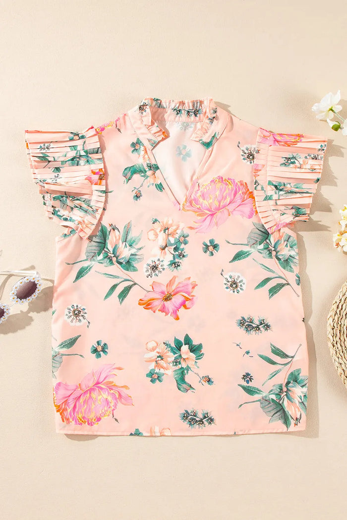 Pink Floral Print Frilled V Neck Pleated Sleeve Blouse - Tops/Blouses & Shirts