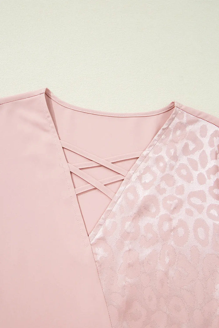 Pink Leopard Jacquard Patchwork Crisscross V-Neck Short Sleeve Blouse - Tops/Blouses & Shirts