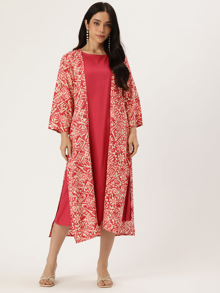 Pink Printed Dress With Shrug, midi dress, dress, women’s western wear, party wear dress, casual wear dress