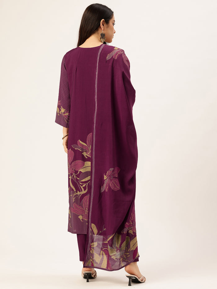 Purple Floral Printed Regular Kurta with Trouser & Dupatta, kurta set, Kurta with Trouser & Dupatta, floral printed kurta set