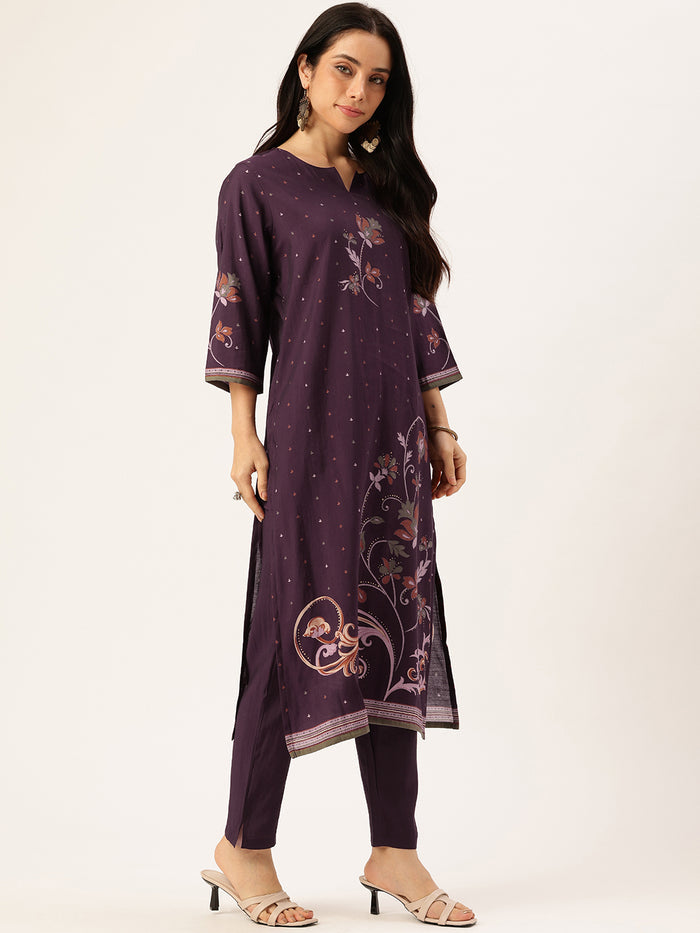 Purple Floral Printed Regular Kurta with Trouser & Dupatta, kurta set, Kurta with Trouser & Dupatta, floral printed kurta set