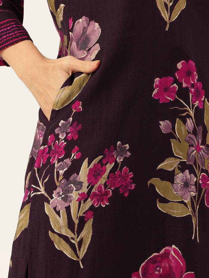 Purple Floral Printed Regular Kurta with Trouser & Dupatta, kurta set, Kurta with Trouser & Dupatta, floral printed kurta set