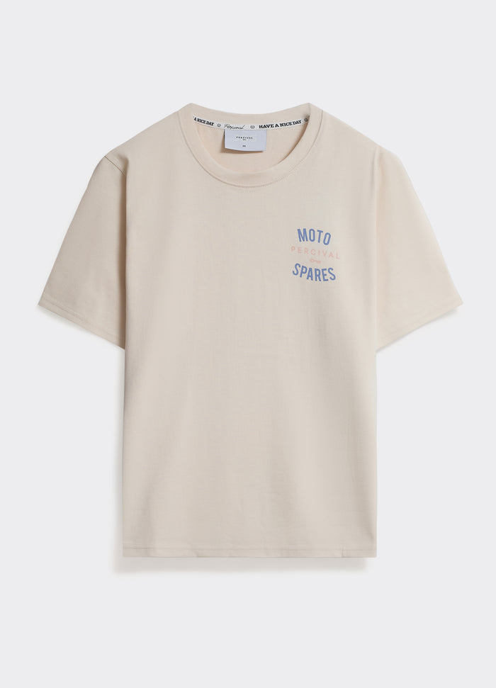 Percival Racer T-Shirt in off-white cotton, featuring a vintage-inspired moto chest print, shown flat.