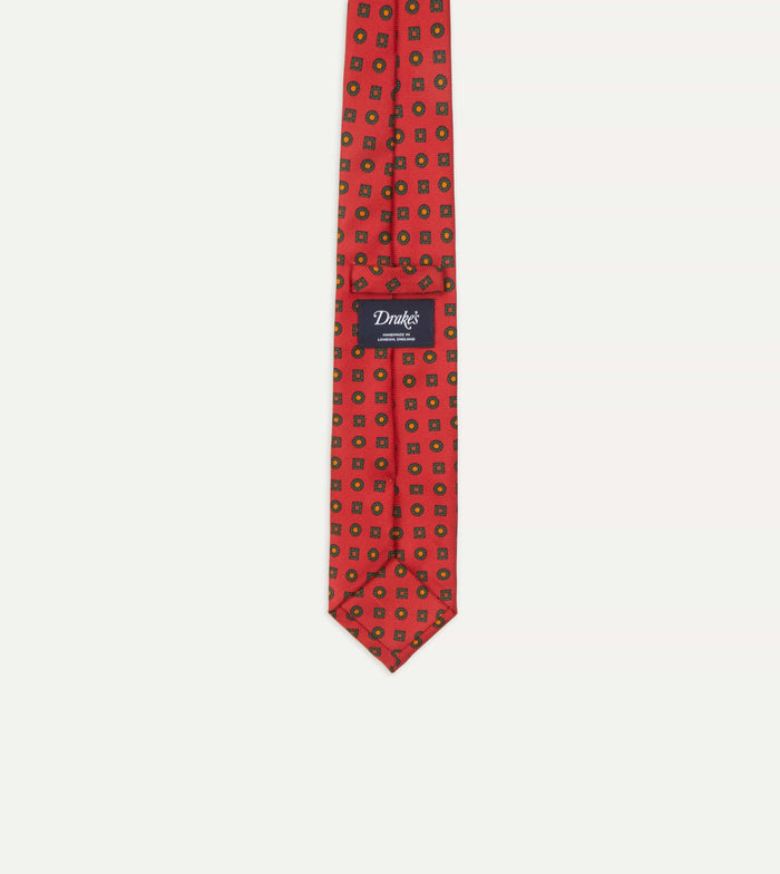 Red and Green Geometric Medallion Print Madder Twill Silk Tie
