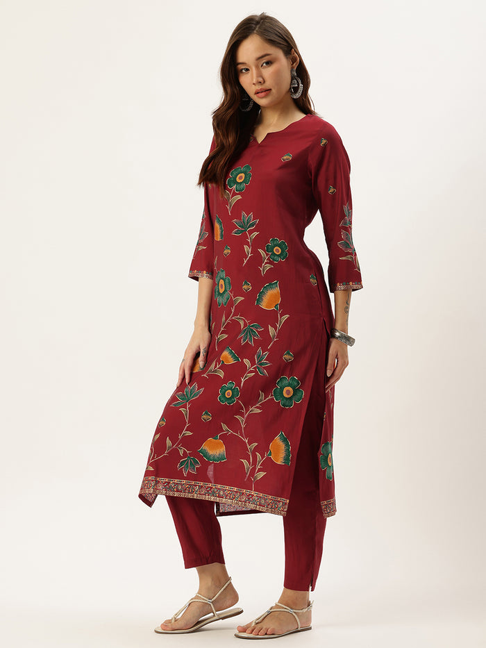 Red Floral Printed Regular Kurta with Trouser & Dupatta, kurta set, Kurta with Trouser & Dupatta, floral printed kurta set