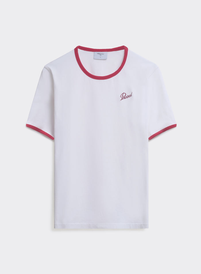 White Percival ringer t-shirt in organic cotton with red ribbed trims and script logo, shown flat.