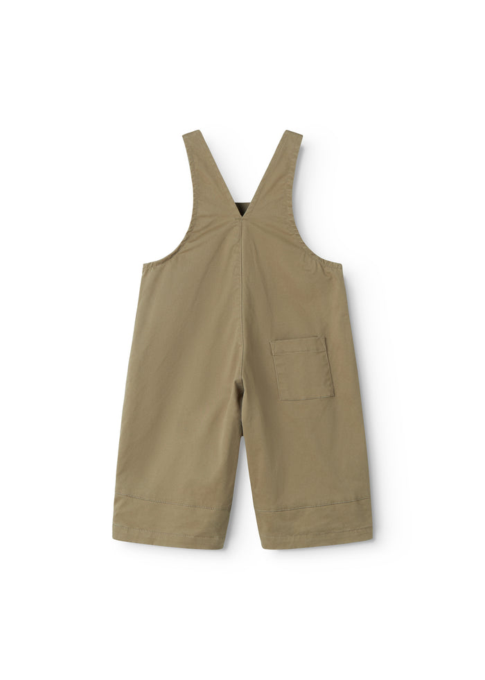 Khaki pants with suspenders, button closure, and chest/pocket.