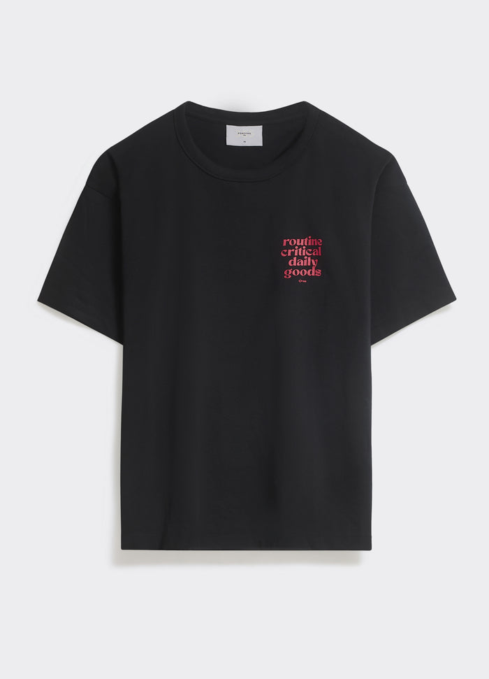 Black Percival Routine T-shirt with red "routine critical daily goods" chest print, shown flat on a white background.