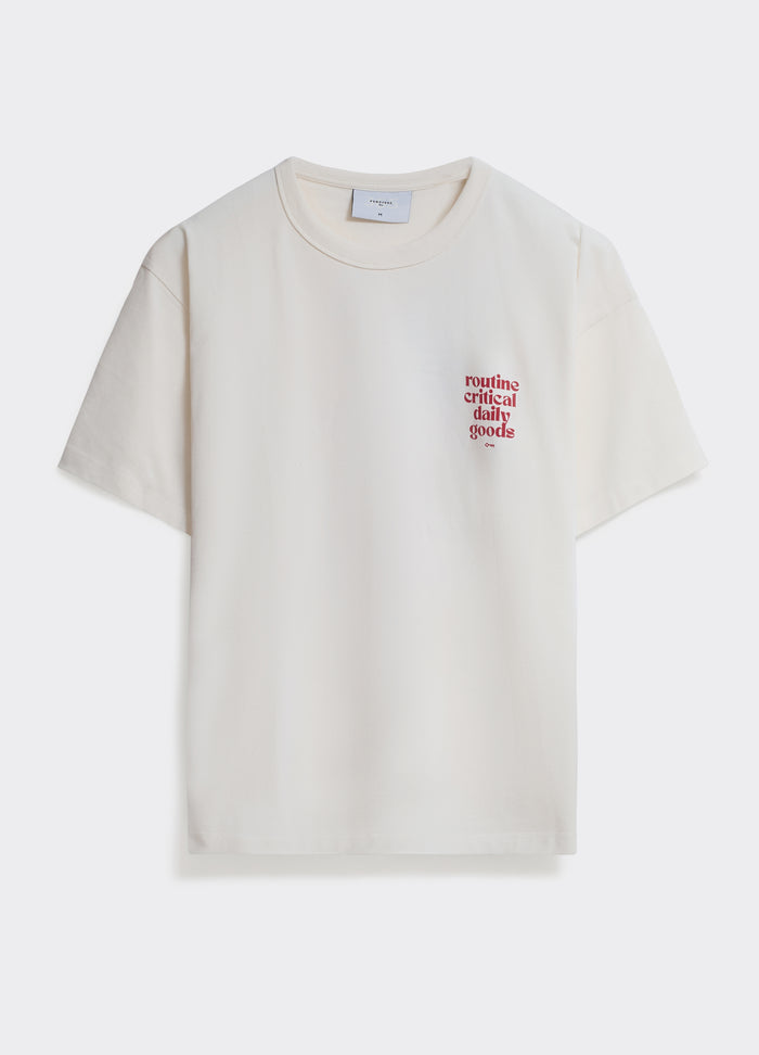 Percival Routine T-shirt in off white cotton jersey, featuring a red chest print, displayed flat against a grey background.