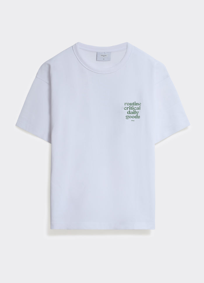 The Percival Routine T-shirt in optic white cotton jersey, with a green chest graphic, shown as a flat lay.