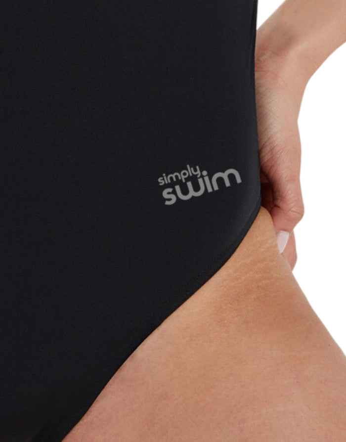 Black Simply Swim fin with logo beside Classic Thinstrap swimsuit