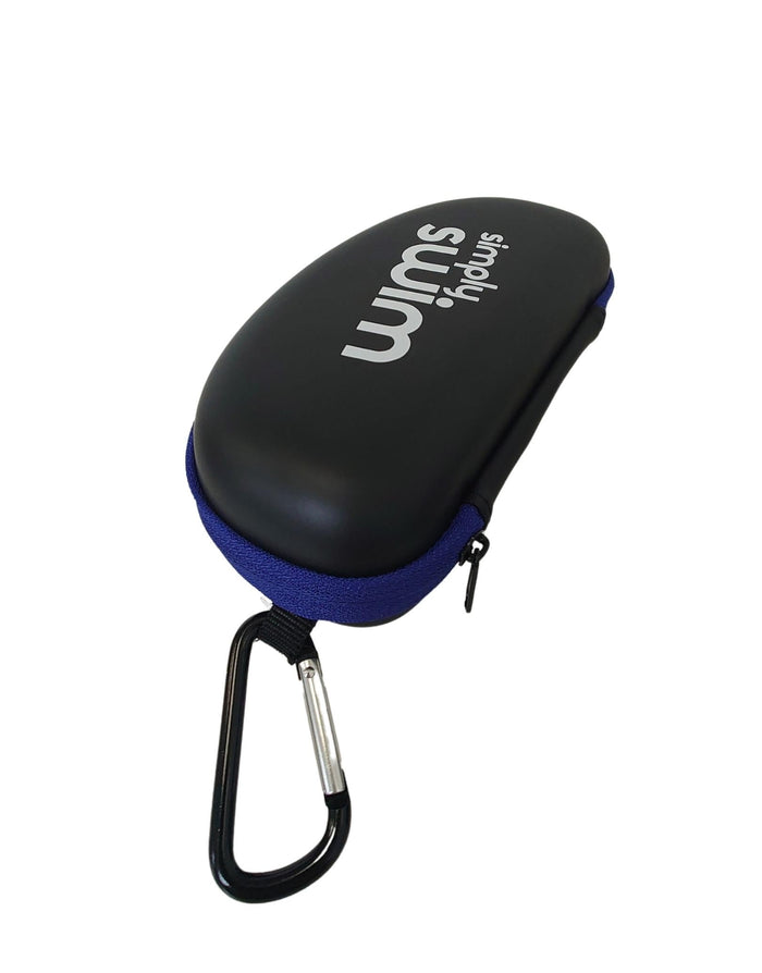 Black and blue Simply Swim Soft goggle case with carabiner strap