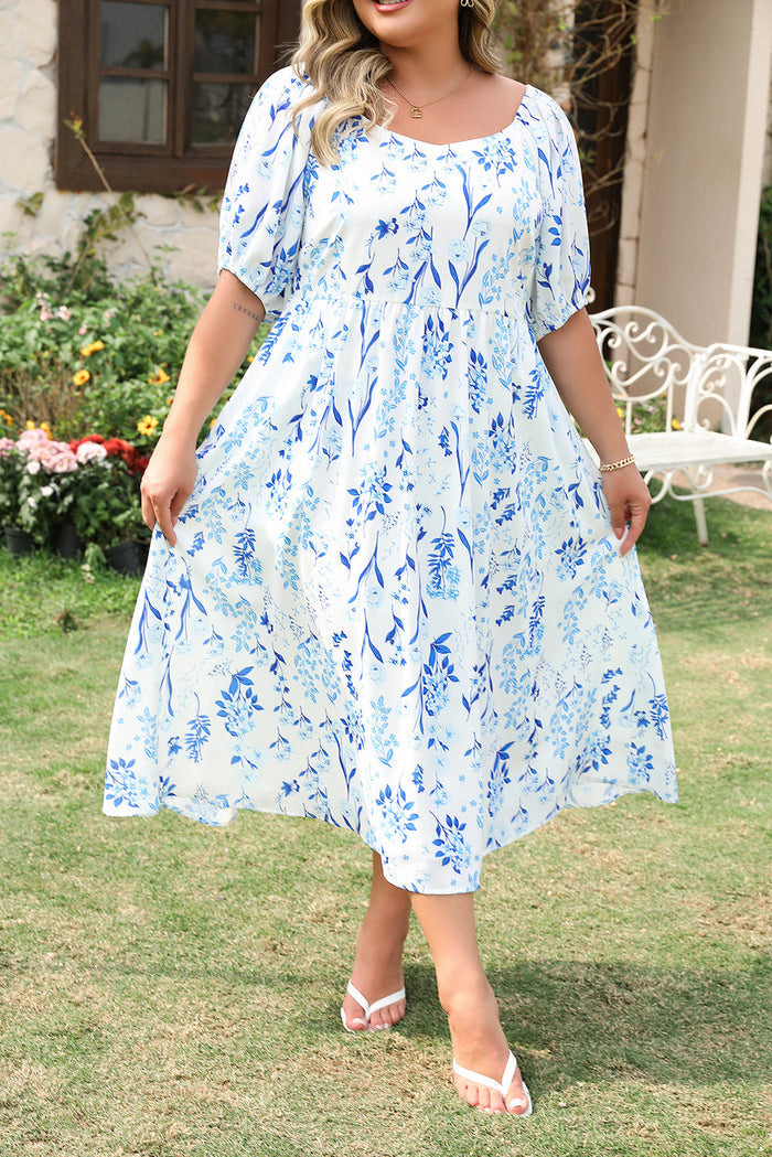 Sky Blue Floral Print Sweetheart Neck Plus Size Midi Dress - Size/Plus Dresses/Plus Dresses