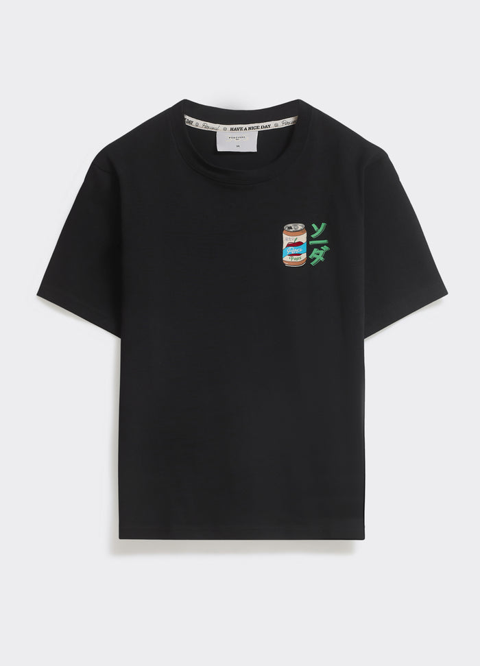 The black Percival Soda T-shirt in cotton jersey, featuring a Kyoto-can chest graphic, shown flat on a white background.