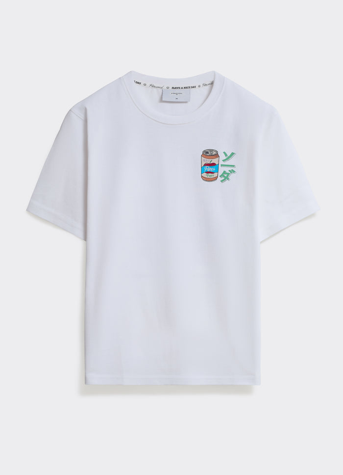 The white Percival Soda T-shirt in soft jersey featuring a Kyoto-inspired graphic on the chest, shown flat.