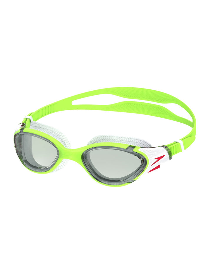 Neon green Speedo Biofuse swim goggle with clear lenses and push button