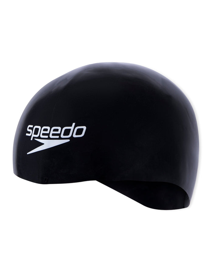 Black Speedo Fastskin racing cap with white logo texture