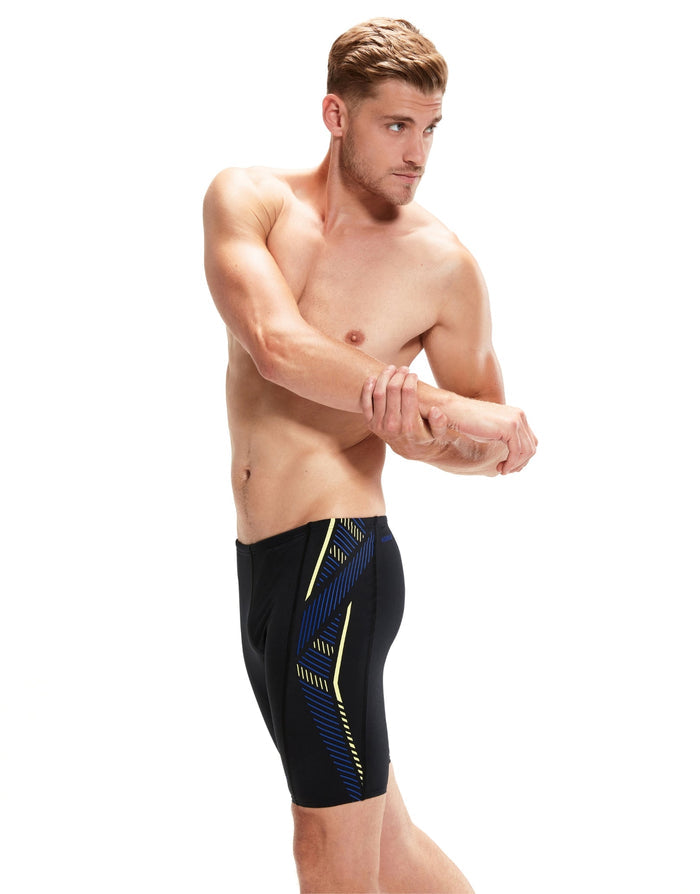 Speedo Tech Panel Jammer black blue swim trunks with yellow accents