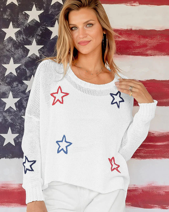 Star Embroidered Crew-Sweaters-Uniquities