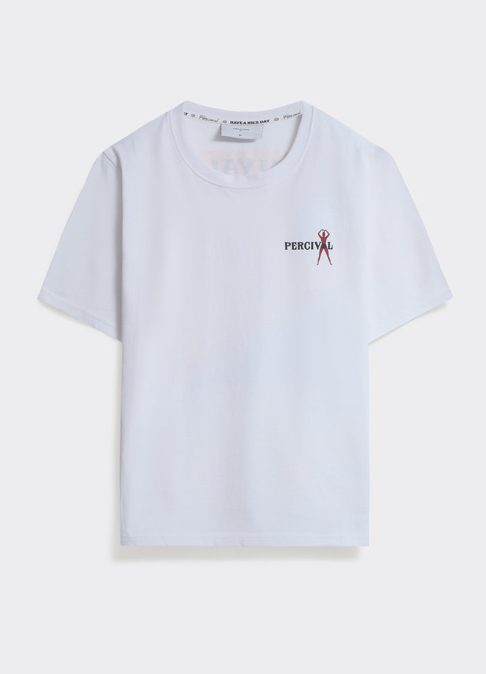 The optic white Percival Surf T-Shirt, a soft jersey crew neck with a small chest graphic, shown in a flat lay.