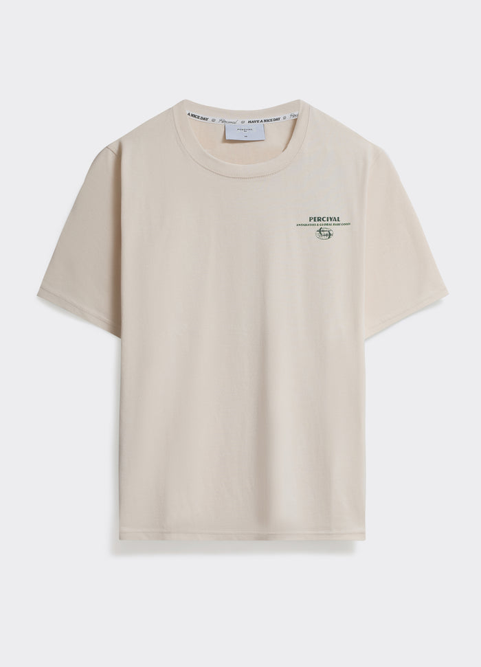 The Percival Tiles T-Shirt in off-white jersey cotton, featuring a small chest graphic and crew neck, shown flat.