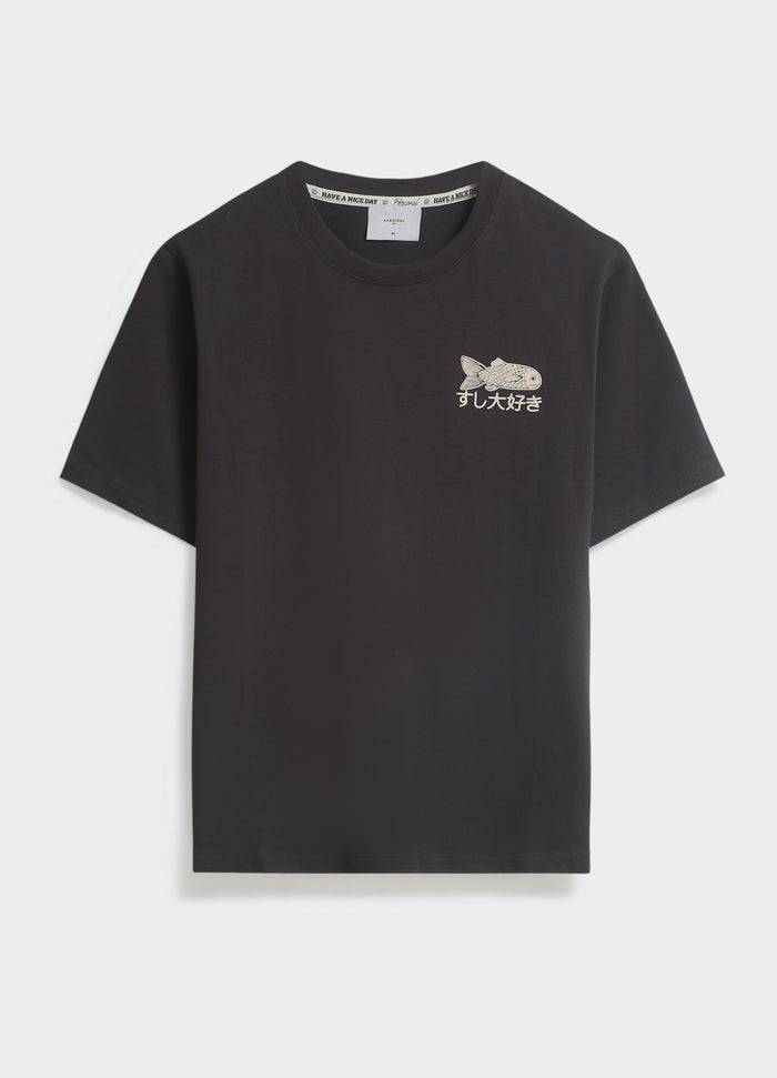 Percival Tokyo T Shirt in washed black cotton, featuring a koi fish chest graphic, shown flat against a white background.