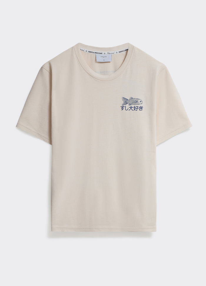 The Percival Tokyo T Shirt in off white cotton jersey, featuring a blue fish graphic and Japanese text on the chest.