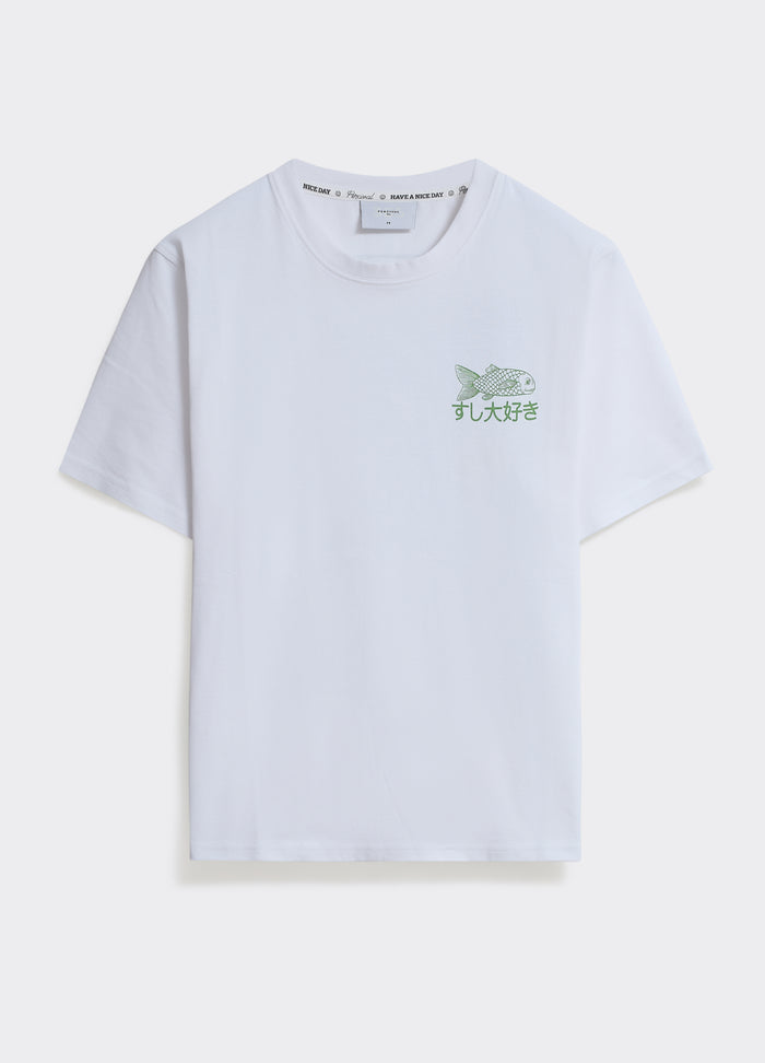 The Percival Tokyo T-shirt in optic white, featuring a green Japanese fish motif on a soft cotton jersey crew neck.