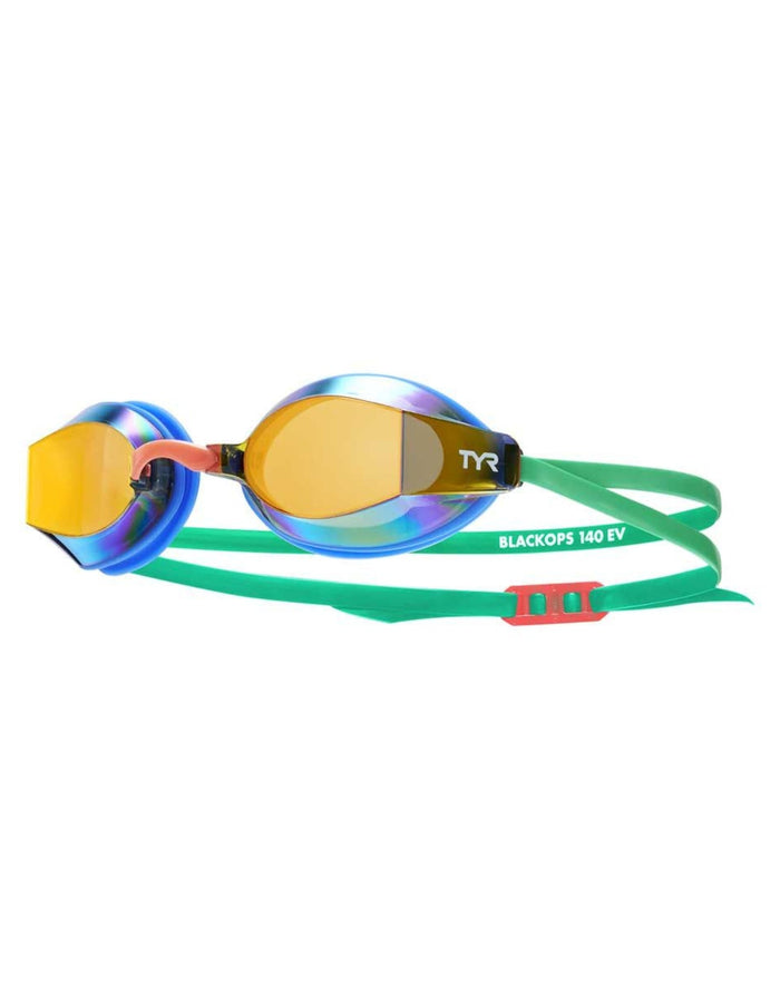 TYR Black Ops EV Racing Goggle with mirrored iridescent lens and green straps