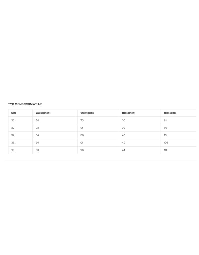 TYR Durafast Elite Solid Jammer black size chart in cm